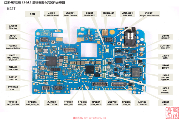 红米4标准版-逻辑框图-主板元件分布图
