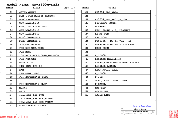 技嘉 GA-B150M-DS3H DDR3 R1.0电路位置图纸资料
