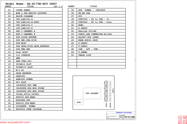 技嘉 GA-H170M-HD3 DDR3 Rev1.0电路图位置图