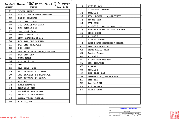 技嘉 GA-H170-Gaming3 DDR3 Rev1.01电路图位置图