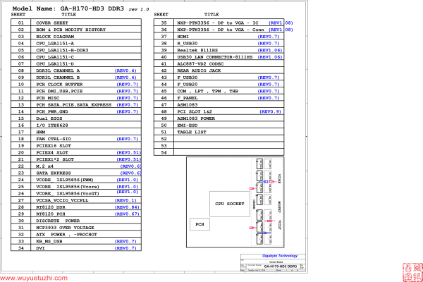 技嘉 GA-H170-HD3 DDR3 Rev1.0电路图位置图