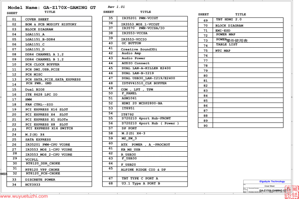 技嘉 GA-Z170X-Gaming GT Rev1.01电路图位置图