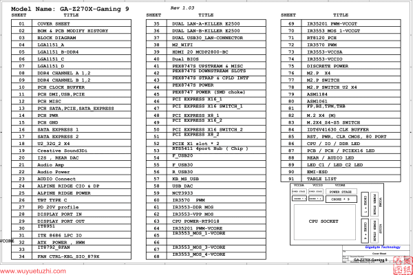 技嘉 GA-Z270X-Gaming9 Rev1.0 1.02 1.03电路图位置图