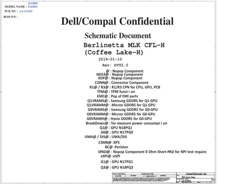 戴尔 Dell LA-F541P XPS 9570 DAM00 DAM01 电路原理图