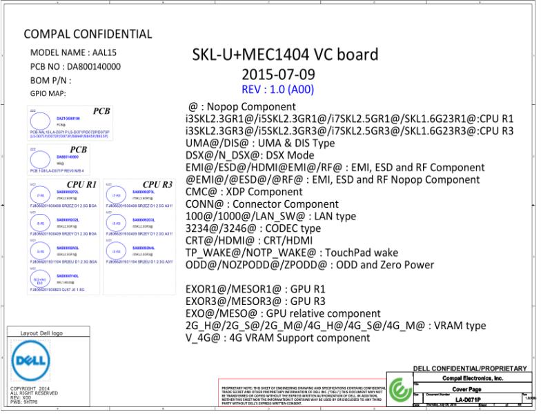 戴尔 Dell LA-D071P Vostro 14 3459 DA800140000 AAL15 Rev A00 电路原理图