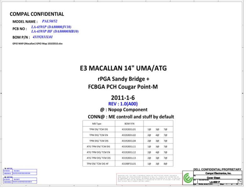 戴尔 Dell LA-6591P LA-6593P Latitude E6420 ATG PAL50 52 电路原理图