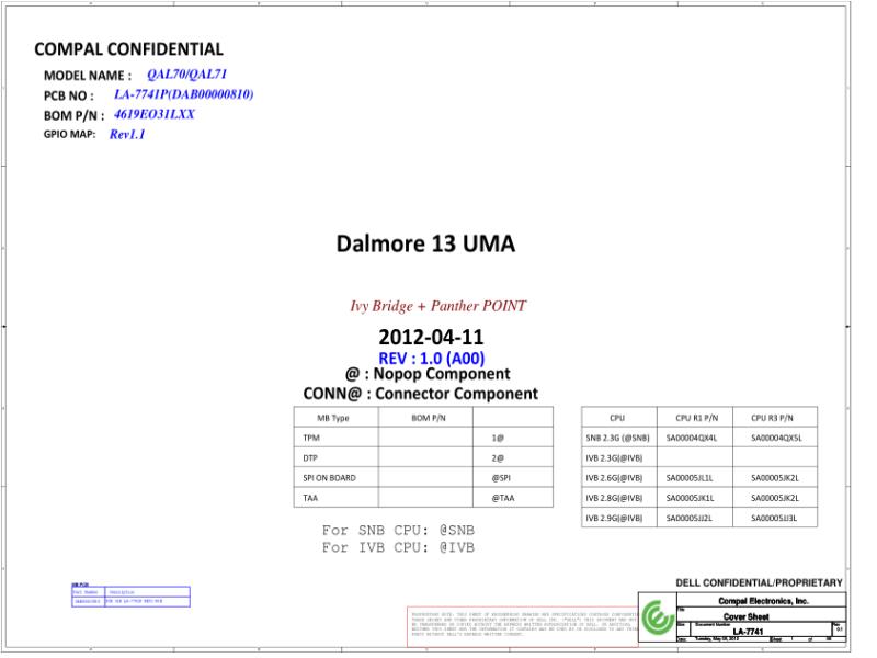 戴尔 Dell LA-7741P Latitude E6330 E6430 QAL70 QAL71 电路原理图