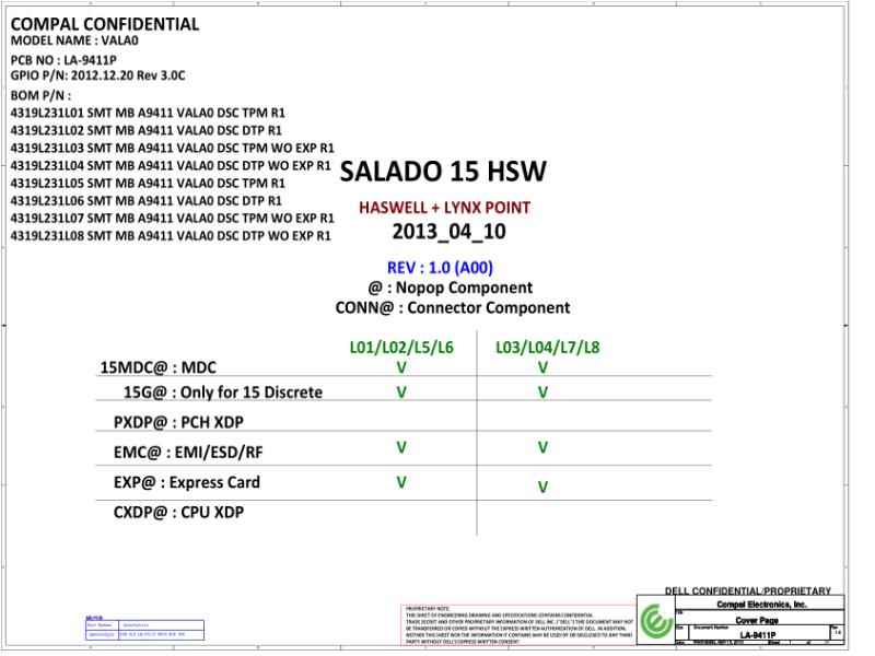 戴尔 Dell LA-9411P LA-9412P Precision M2800 VALA0 电路原理图