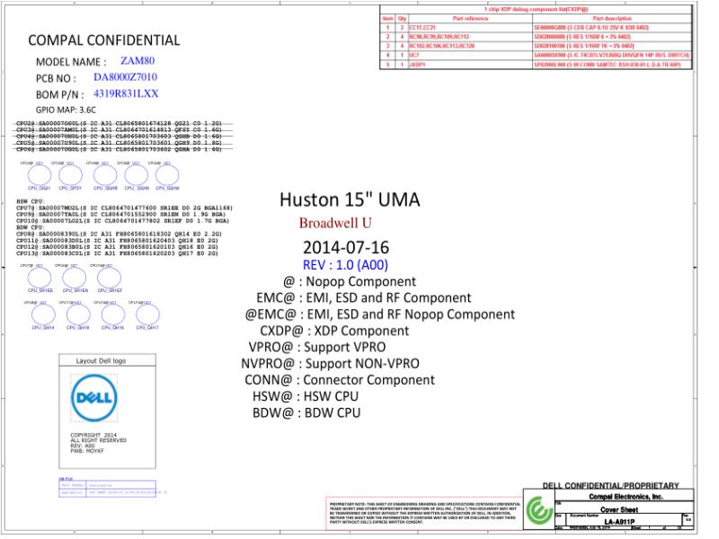 戴尔 Dell LA-A911P Latitude E5550 ZAM80 电路原理图