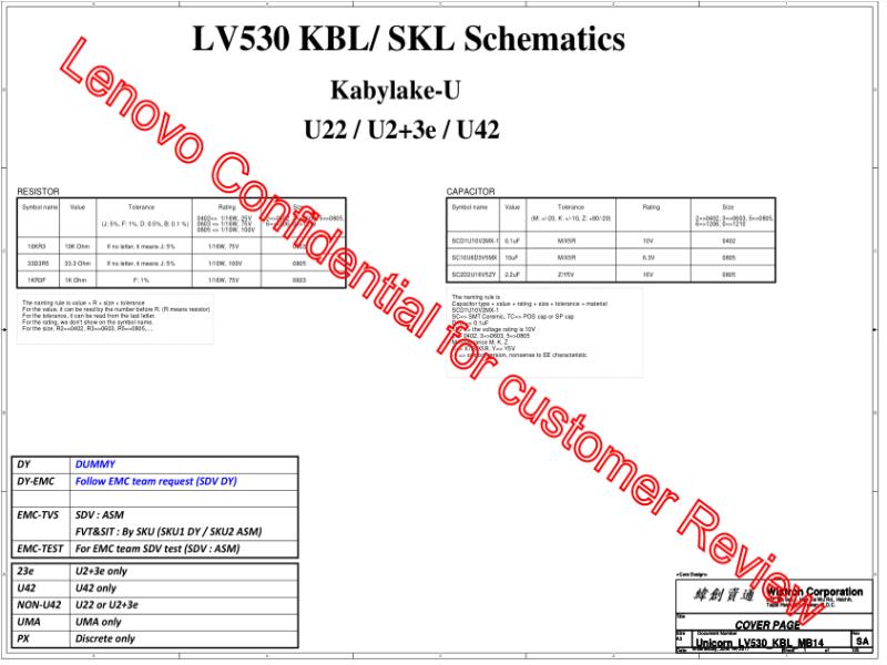 联想  Lenovo L460 17807-SB UNICORN LV530 KBL MB 20170614 1100 SCH电路原理图