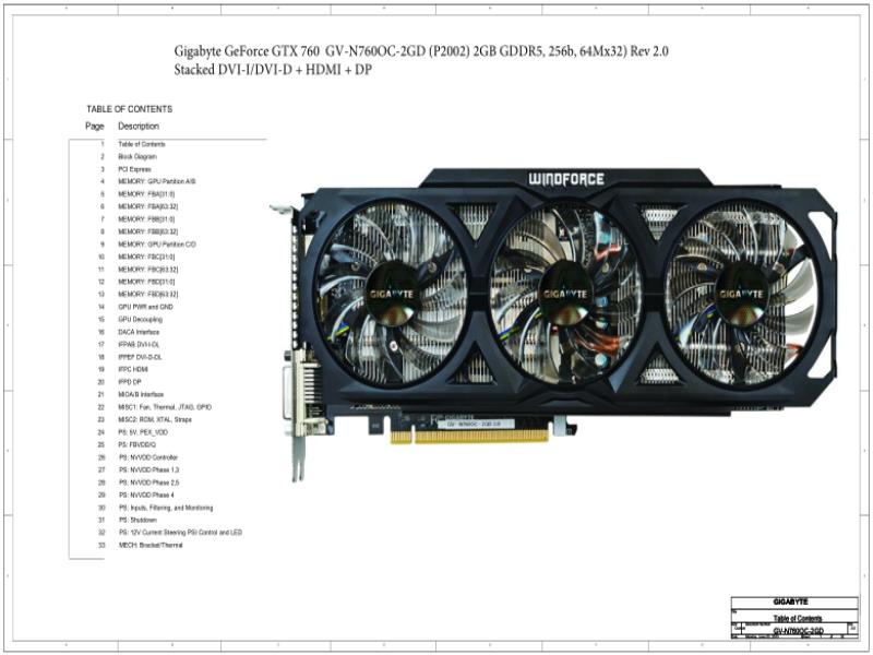技嘉 显卡  GIGABYTE GEFORCE GTX 760 GV N760OC 2GD P2002 2GB GDDR5, 256B, 64MX32 REV 2.0 Schematic 电路图